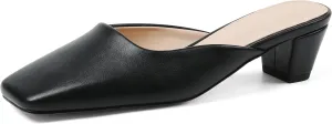 Women's Black Mules Chunky Kitten Heels Closed Square Toe Slip On Slingback Casual Dress Shoes