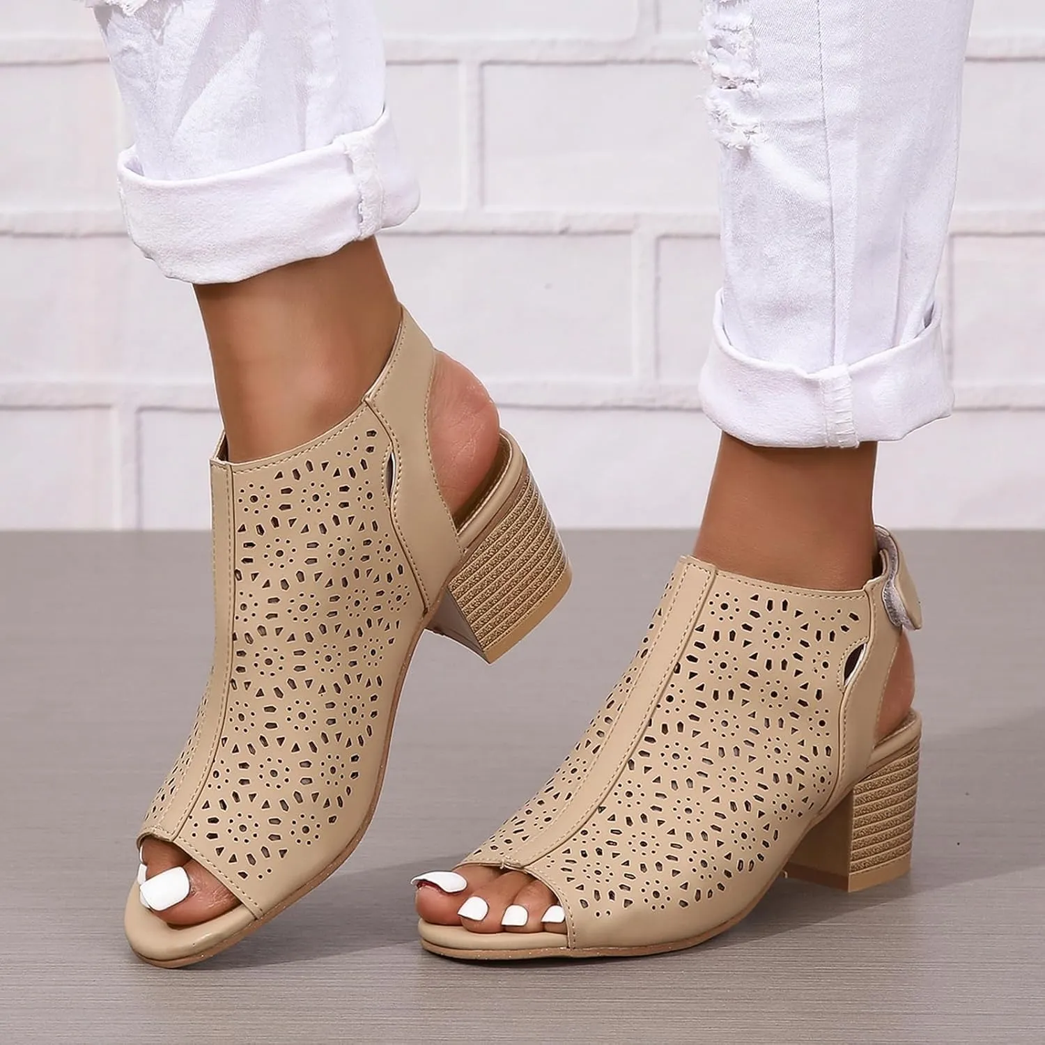 Women's Black Stacked Heeled Sandals Ankle Buckle Cutout Chunky Block Heel Open Toe Sandal Summer Dress Shoes Booties