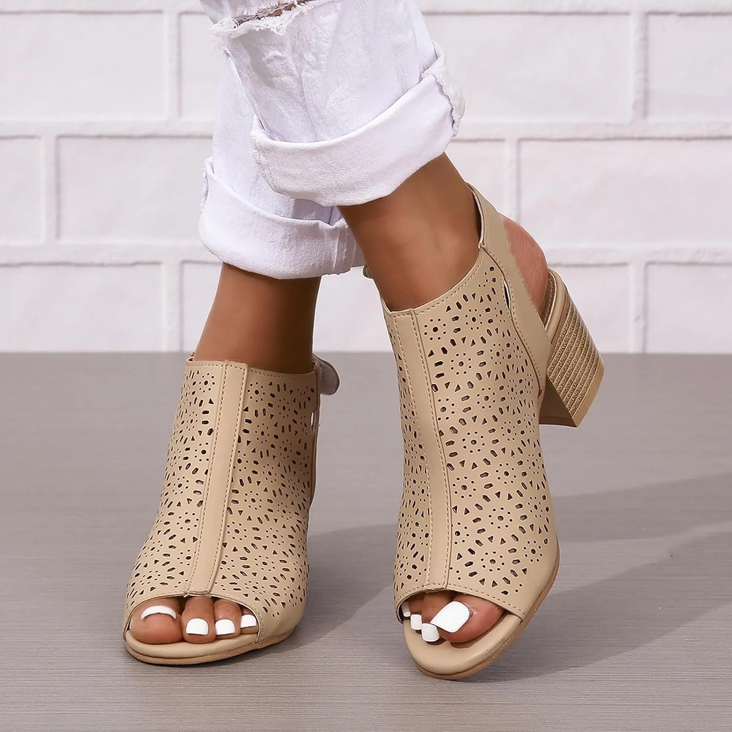 Women's Black Stacked Heeled Sandals Ankle Buckle Cutout Chunky Block Heel Open Toe Sandal Summer Dress Shoes Booties