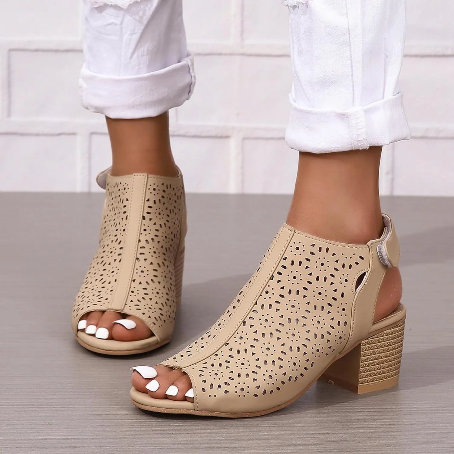 Women's Black Stacked Heeled Sandals Ankle Buckle Cutout Chunky Block Heel Open Toe Sandal Summer Dress Shoes Booties
