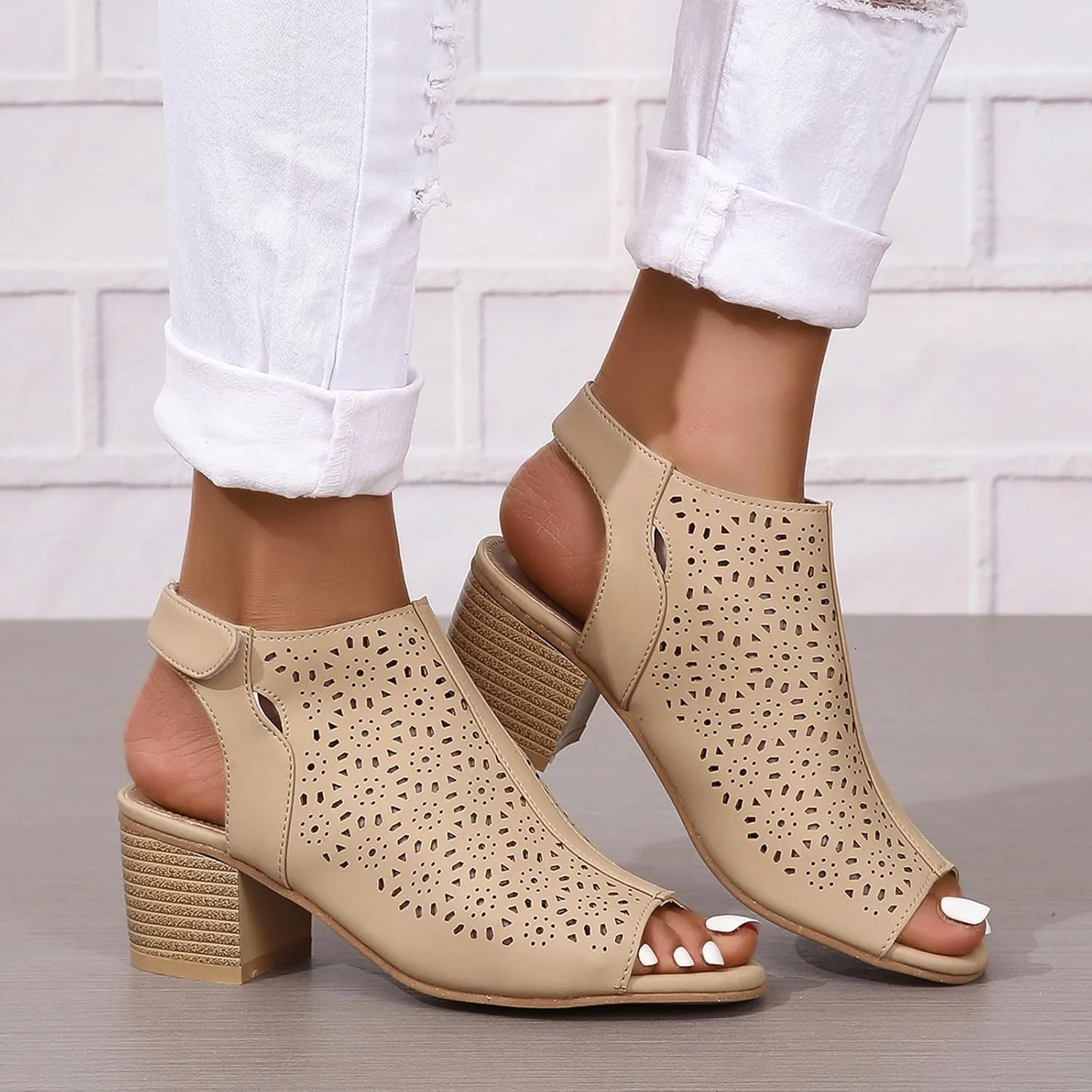 Women's Black Stacked Heeled Sandals Ankle Buckle Cutout Chunky Block Heel Open Toe Sandal Summer Dress Shoes Booties