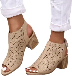Women's Black Stacked Heeled Sandals Ankle Buckle Cutout Chunky Block Heel Open Toe Sandal Summer Dress Shoes Booties