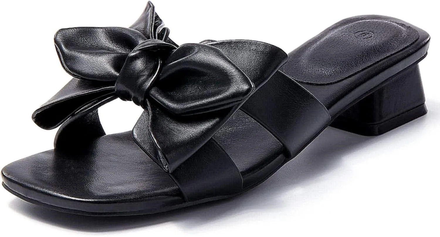 Womens Bow Dressy Low Heel Sandals Slides Summer Chunky Block Heeled Open Toe Mules Slip on Slippers Shoes