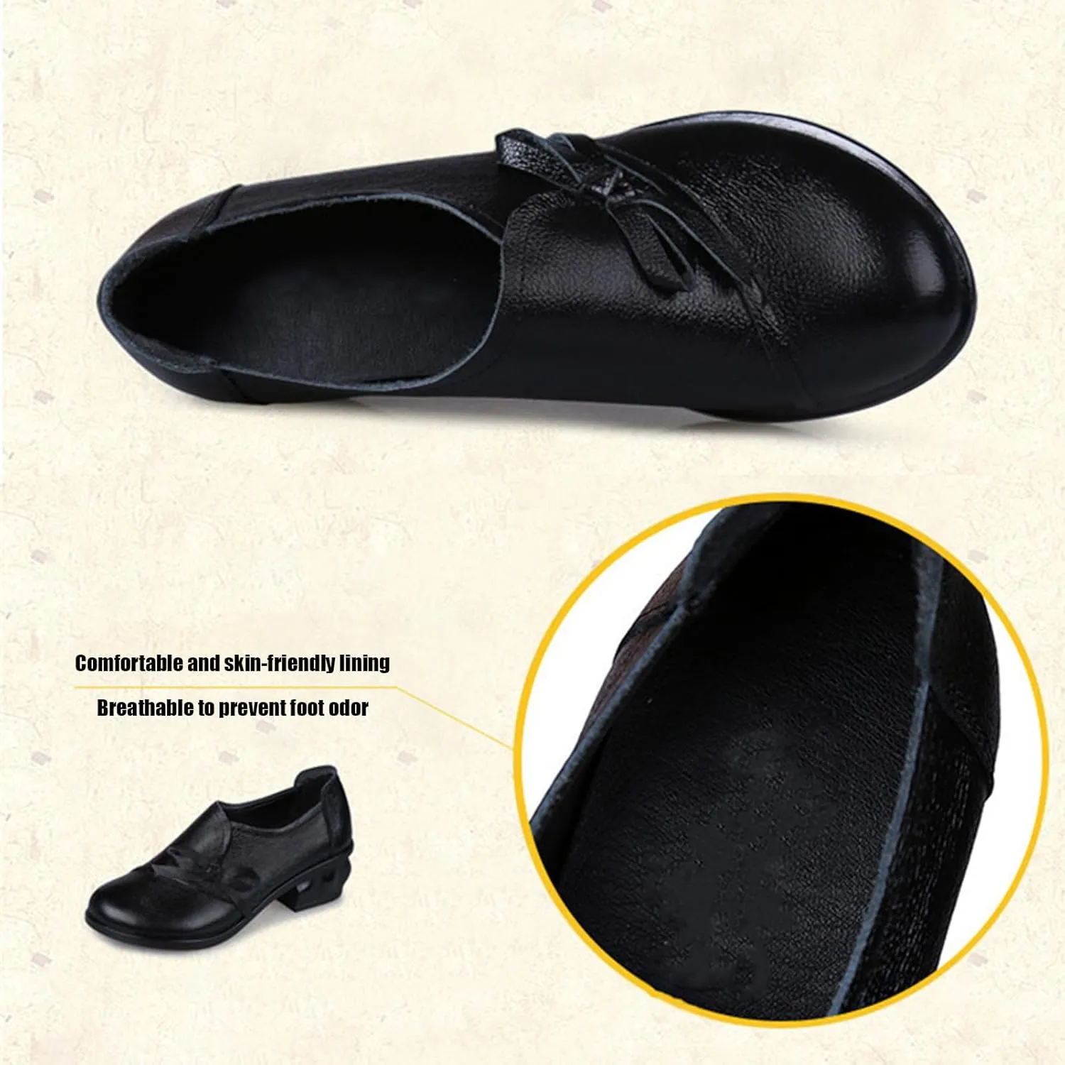 Women's Bow Tie Chunky Heel Leather Pumps,Comfortable SOFE Round Toe Slip-On Loafers Classic Mid Heel Casual Lightweight Walkin Work Office Dress Shoes