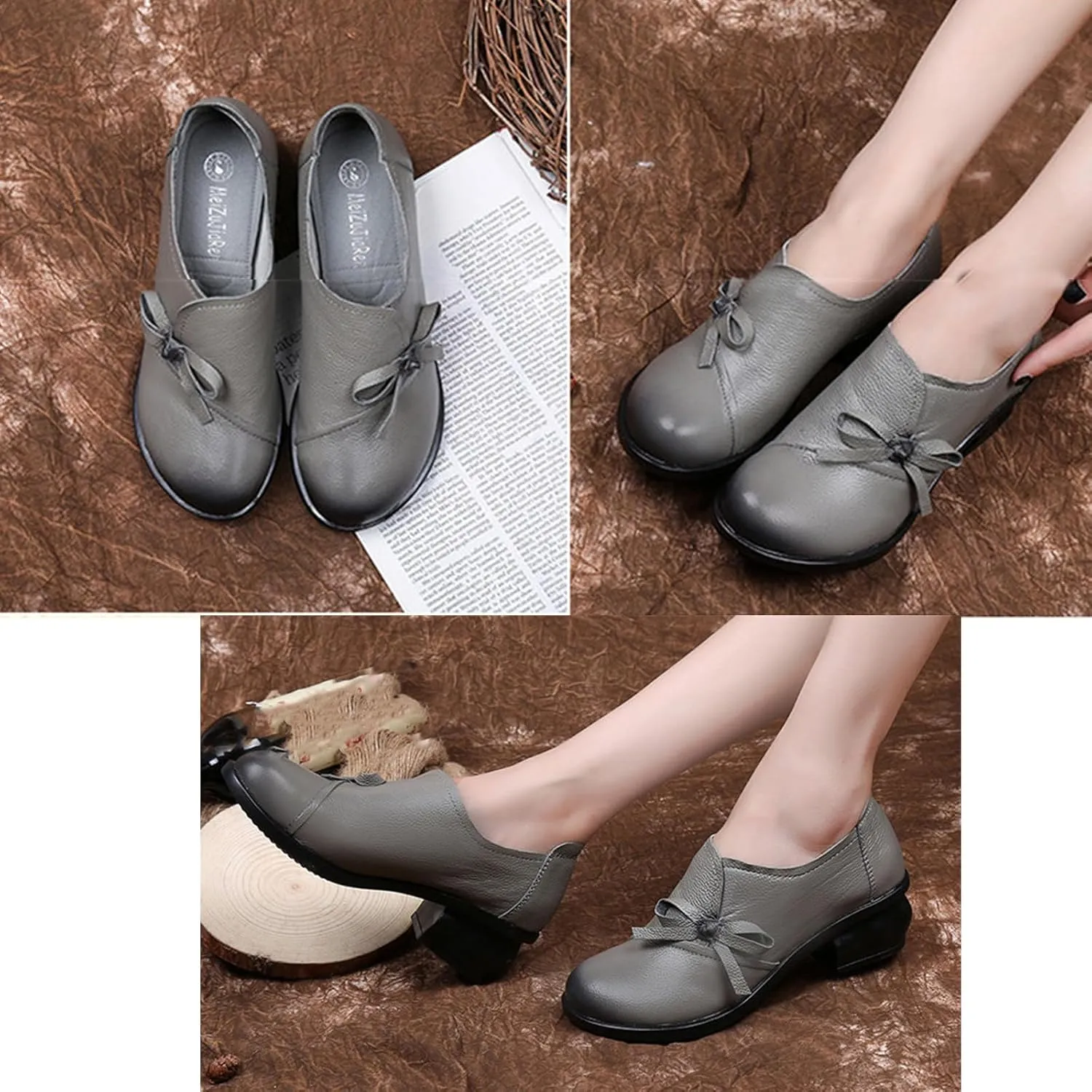 Women's Bow Tie Chunky Heel Leather Pumps,Comfortable SOFE Round Toe Slip-On Loafers Classic Mid Heel Casual Lightweight Walkin Work Office Dress Shoes