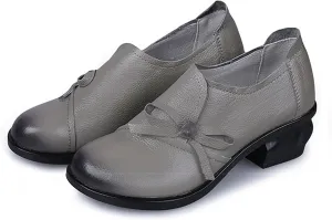 Women's Bow Tie Chunky Heel Leather Pumps,Comfortable SOFE Round Toe Slip-On Loafers Classic Mid Heel Casual Lightweight Walkin Work Office Dress Shoes