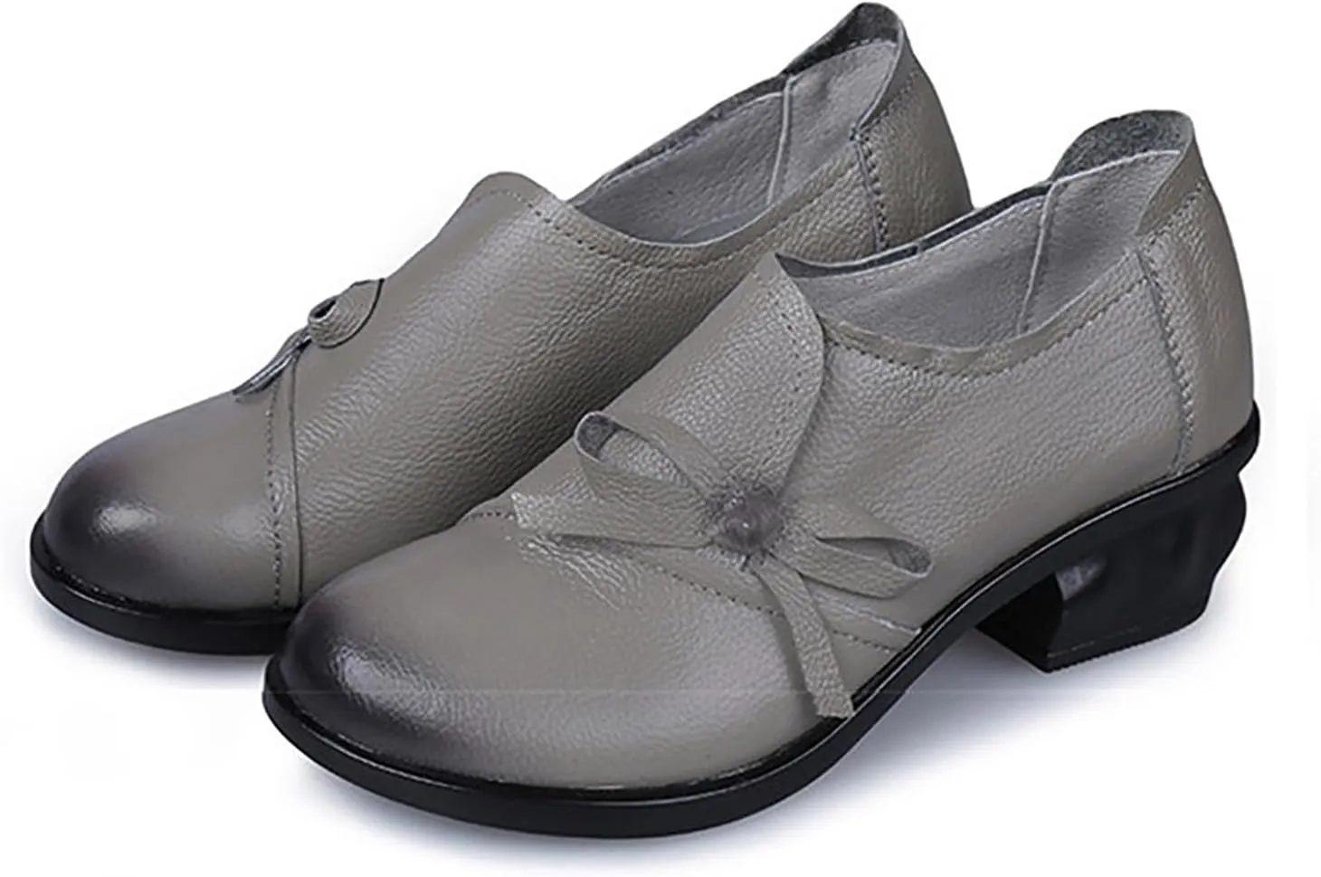 Women's Bow Tie Chunky Heel Leather Pumps,Comfortable SOFE Round Toe Slip-On Loafers Classic Mid Heel Casual Lightweight Walkin Work Office Dress Shoes