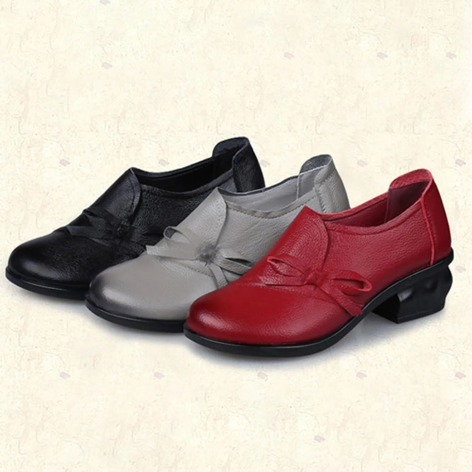 Women's Bow Tie Chunky Heel Leather Pumps,Comfortable SOFE Round Toe Slip-On Loafers Classic Mid Heel Casual Lightweight Walkin Work Office Dress Shoes