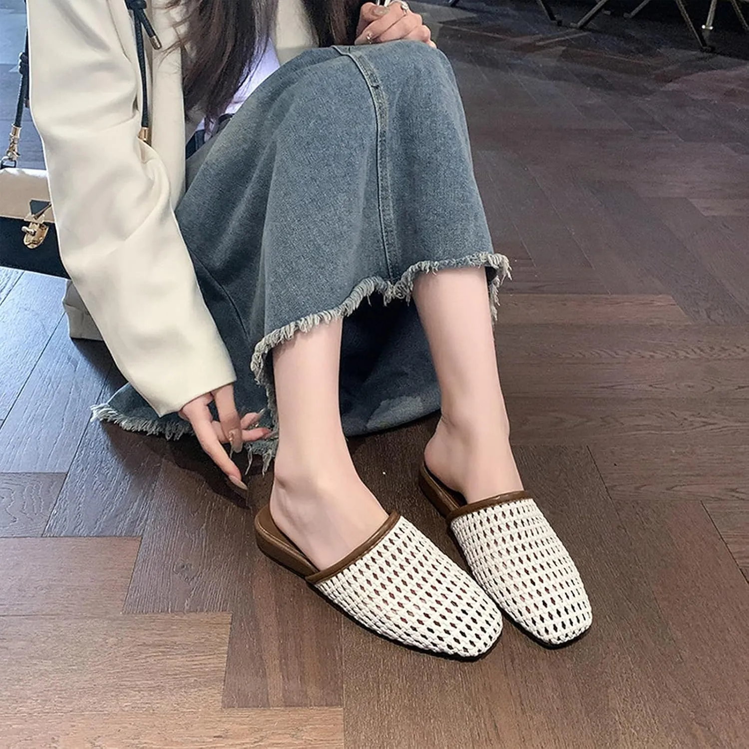 Women's Breathable Mesh Flat Mules Closed Square Toe Slip On Casual Braided Slide Sandals Comfortable Ballerina Flats