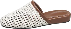 Women's Breathable Mesh Flat Mules Closed Square Toe Slip On Casual Braided Slide Sandals Comfortable Ballerina Flats