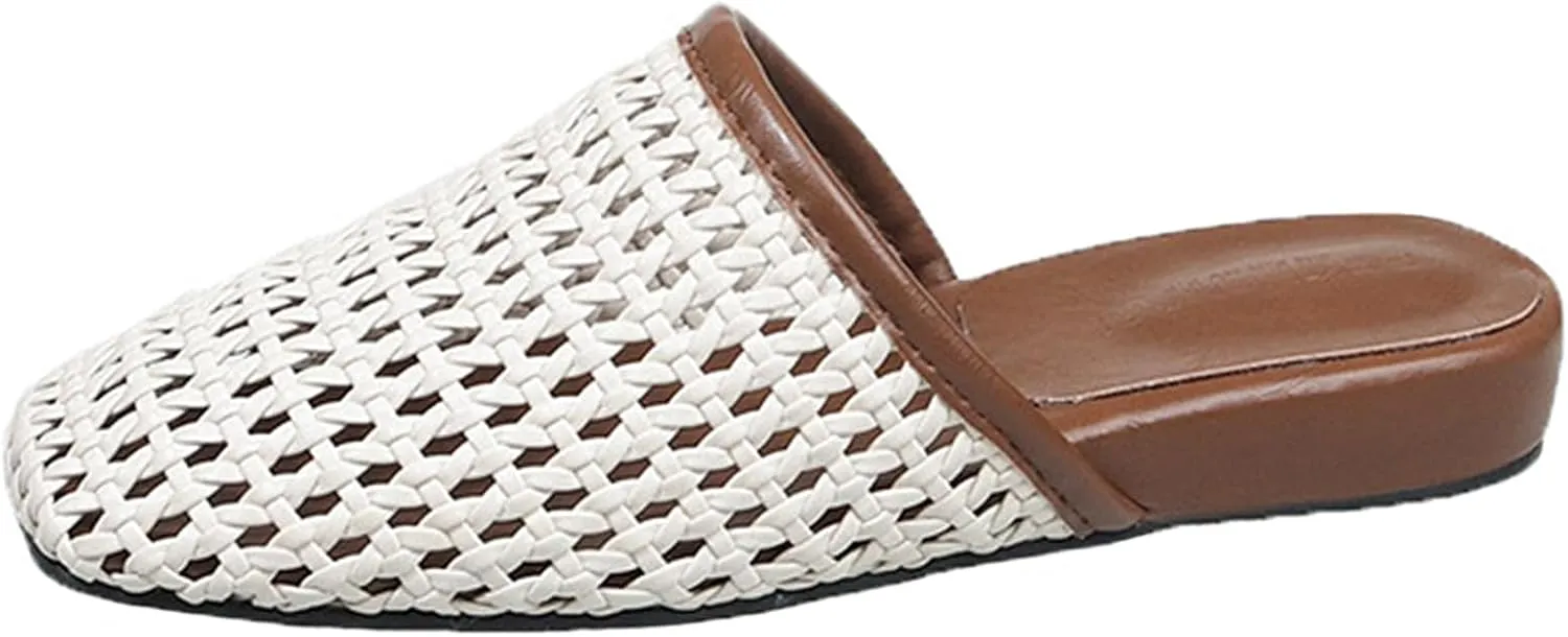 Women's Breathable Mesh Flat Mules Closed Square Toe Slip On Casual Braided Slide Sandals Comfortable Ballerina Flats