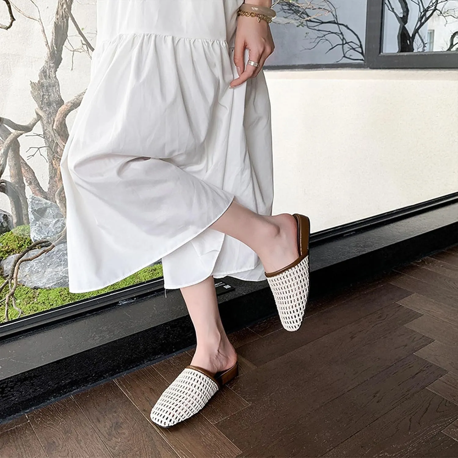 Women's Breathable Mesh Flat Mules Closed Square Toe Slip On Casual Braided Slide Sandals Comfortable Ballerina Flats