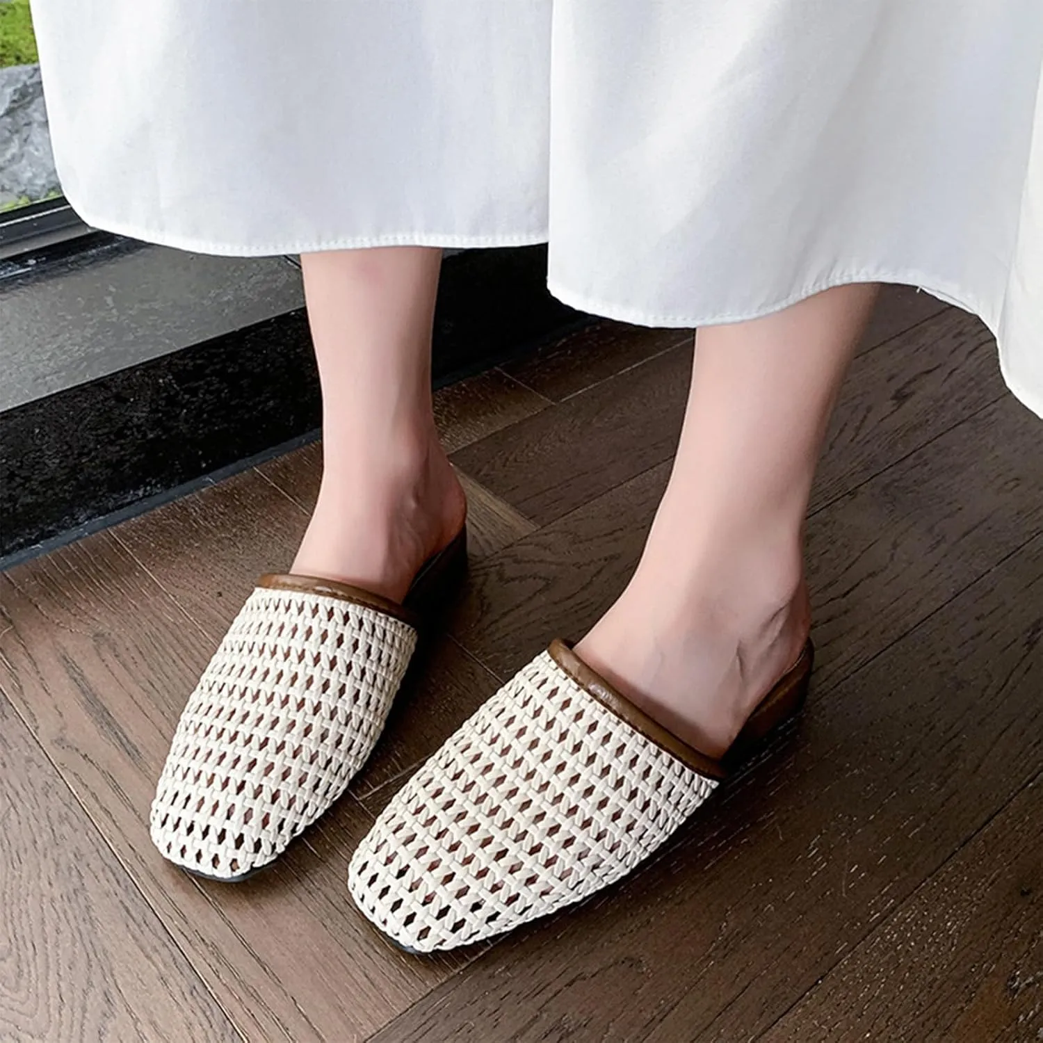 Women's Breathable Mesh Flat Mules Closed Square Toe Slip On Casual Braided Slide Sandals Comfortable Ballerina Flats
