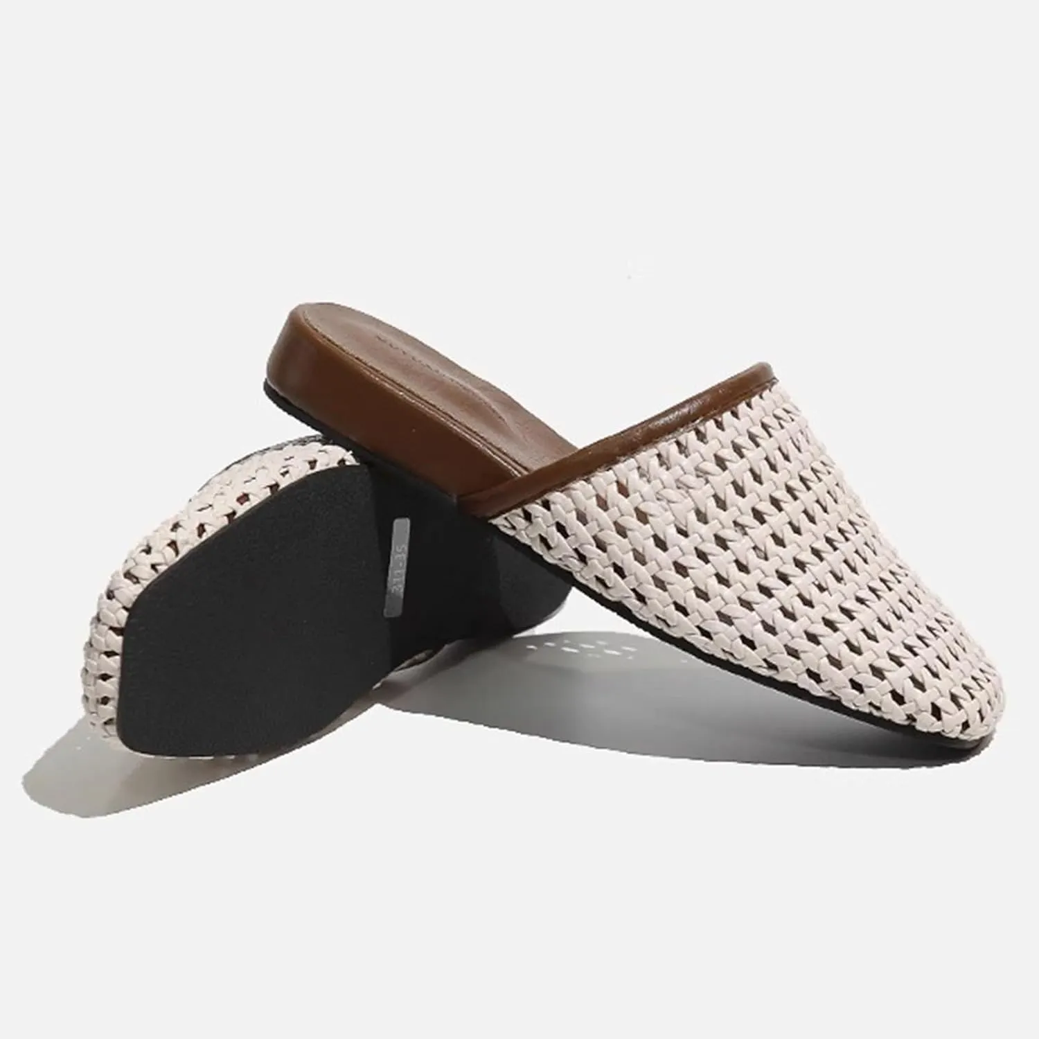 Women's Breathable Mesh Flat Mules Closed Square Toe Slip On Casual Braided Slide Sandals Comfortable Ballerina Flats