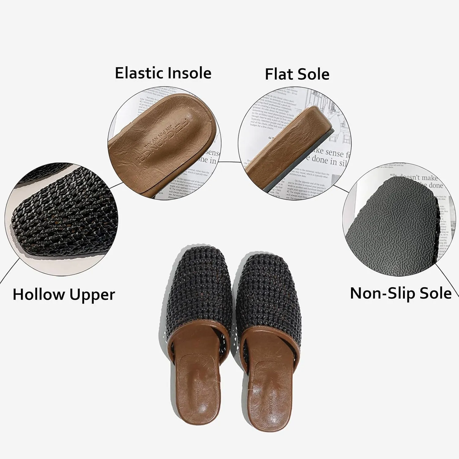 Women's Breathable Mesh Flat Mules Closed Square Toe Slip On Casual Braided Slide Sandals Comfortable Ballerina Flats