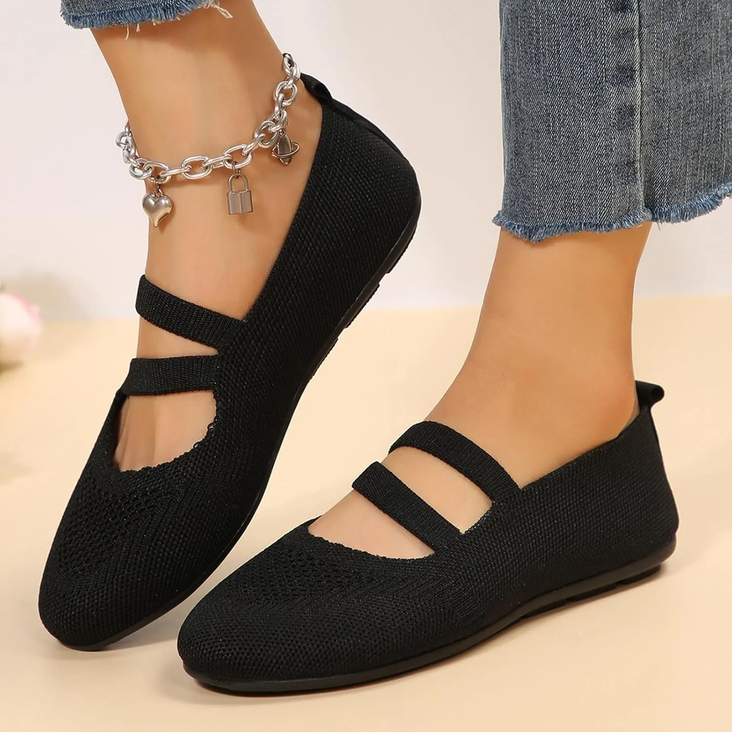 Womens Breathable Mesh Knitted Flats Shoe Walking Shoes Fashion Soft Sole Casual Shoes for Vacation Ballet Flat