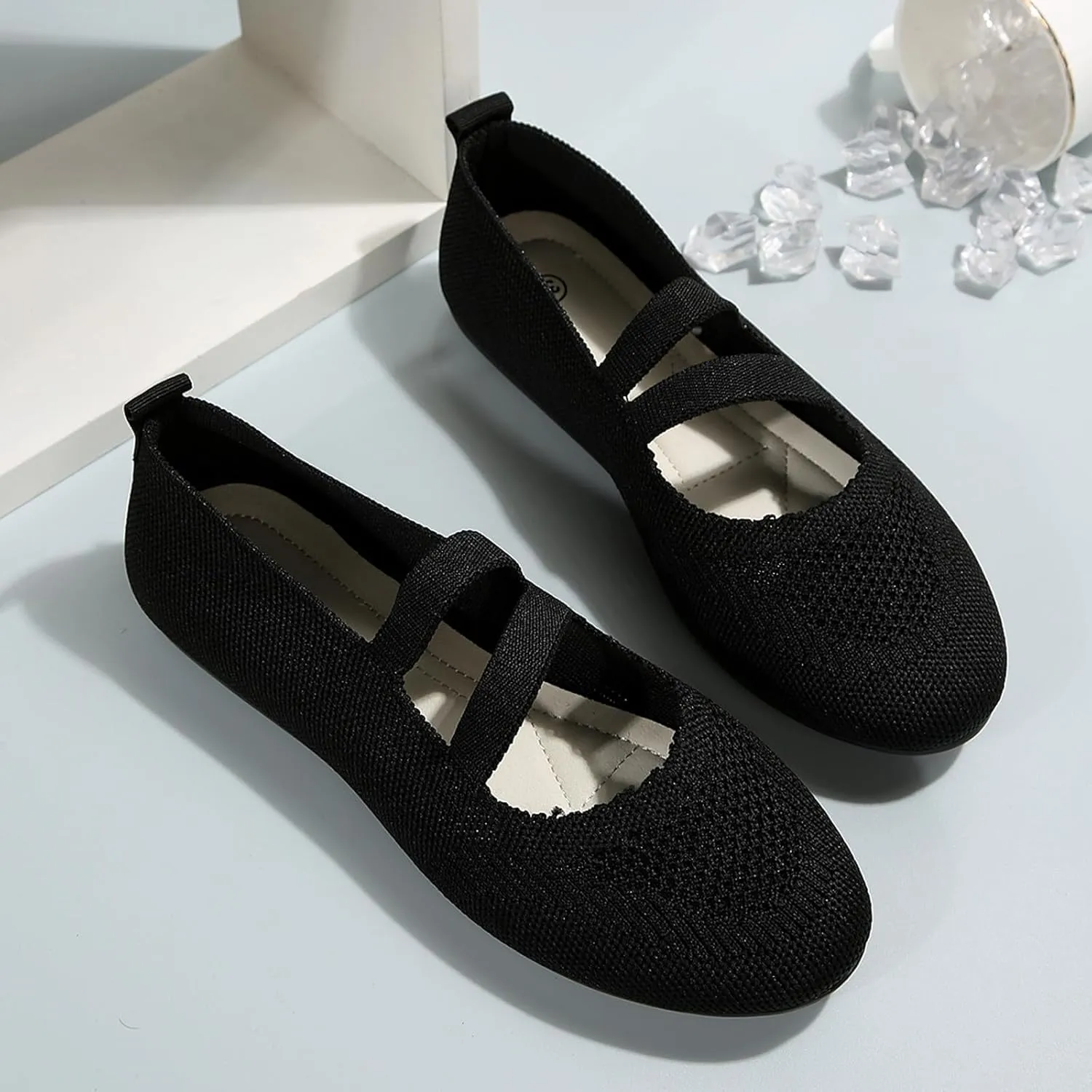 Womens Breathable Mesh Knitted Flats Shoe Walking Shoes Fashion Soft Sole Casual Shoes for Vacation Ballet Flat