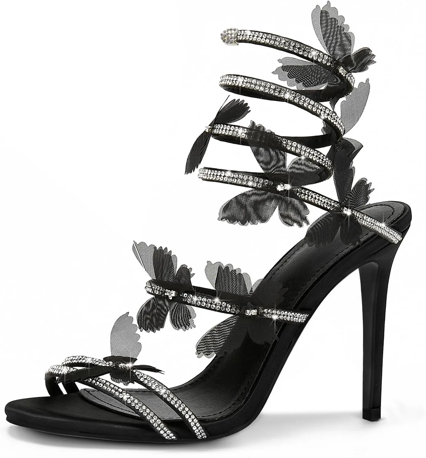 Women's Butterfly Rhinestone High Heels Open Round Toe Spiral Wrap Strappy Dress Stiletto Sandals For Party Evening Wedding
