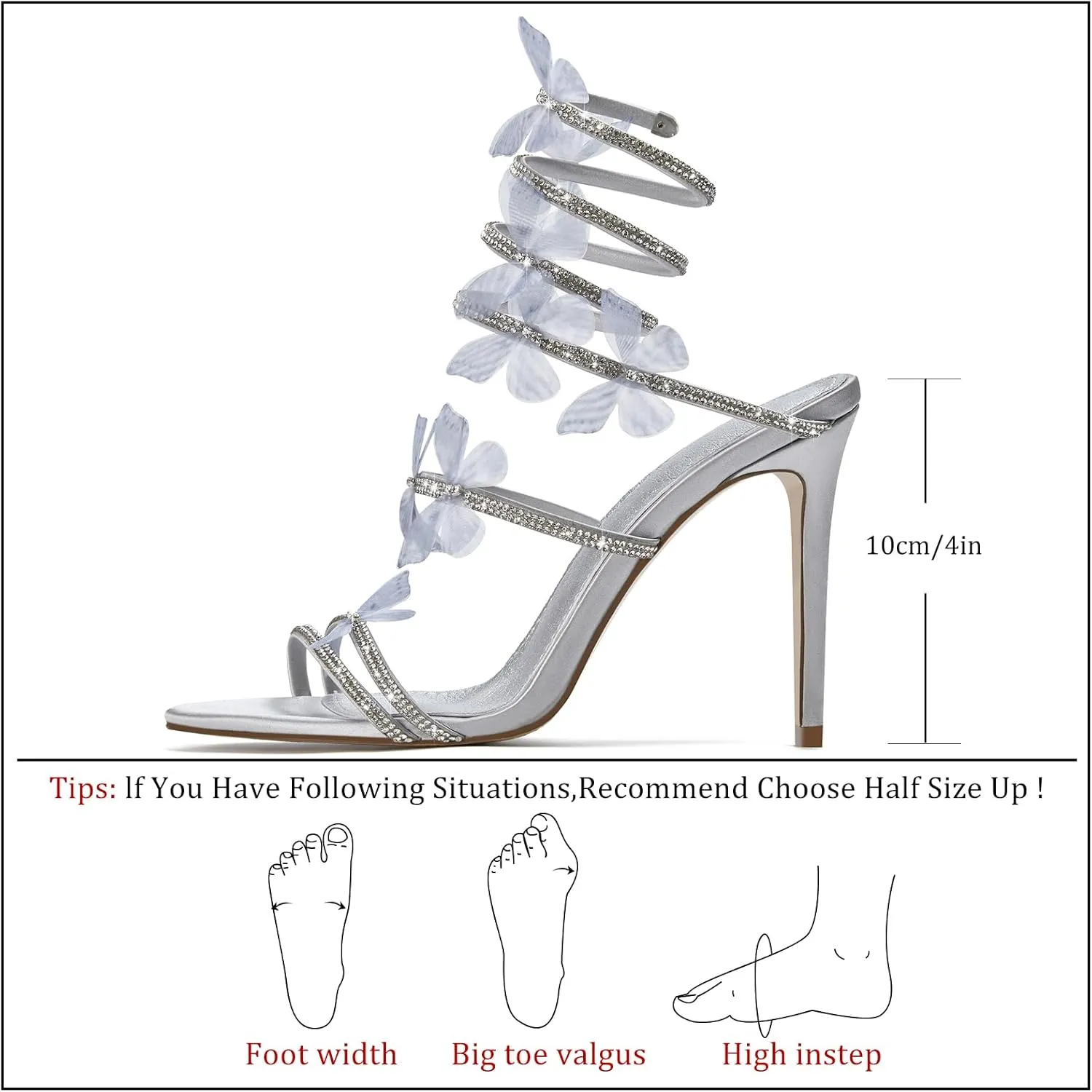 Women's Butterfly Rhinestone High Heels Open Round Toe Spiral Wrap Strappy Dress Stiletto Sandals For Party Evening Wedding