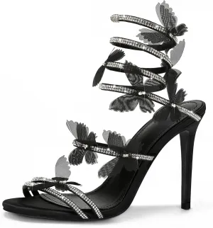 Women's Butterfly Rhinestone High Heels Open Round Toe Spiral Wrap Strappy Dress Stiletto Sandals For Party Evening Wedding