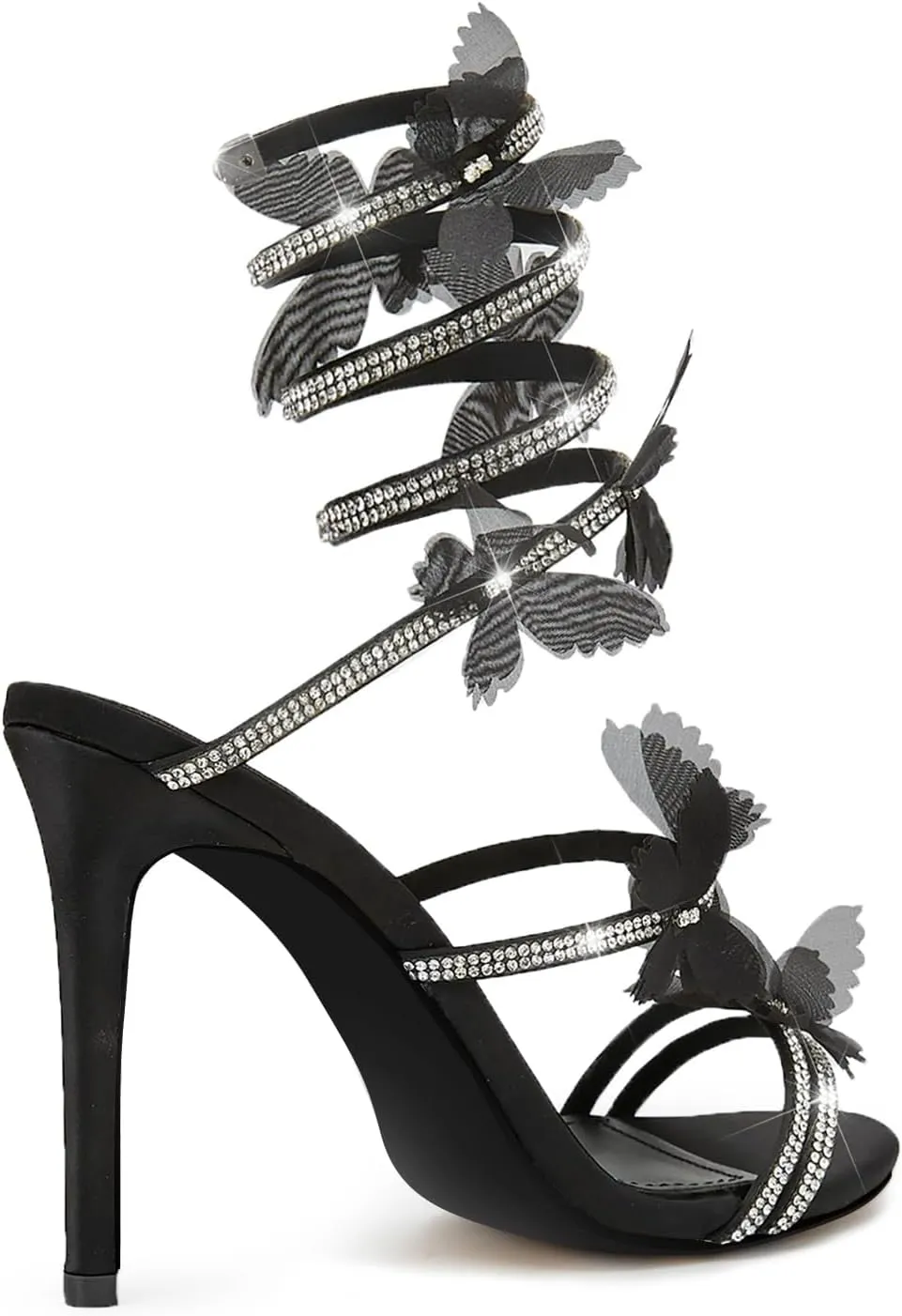 Women's Butterfly Rhinestone High Heels Open Round Toe Spiral Wrap Strappy Dress Stiletto Sandals For Party Evening Wedding