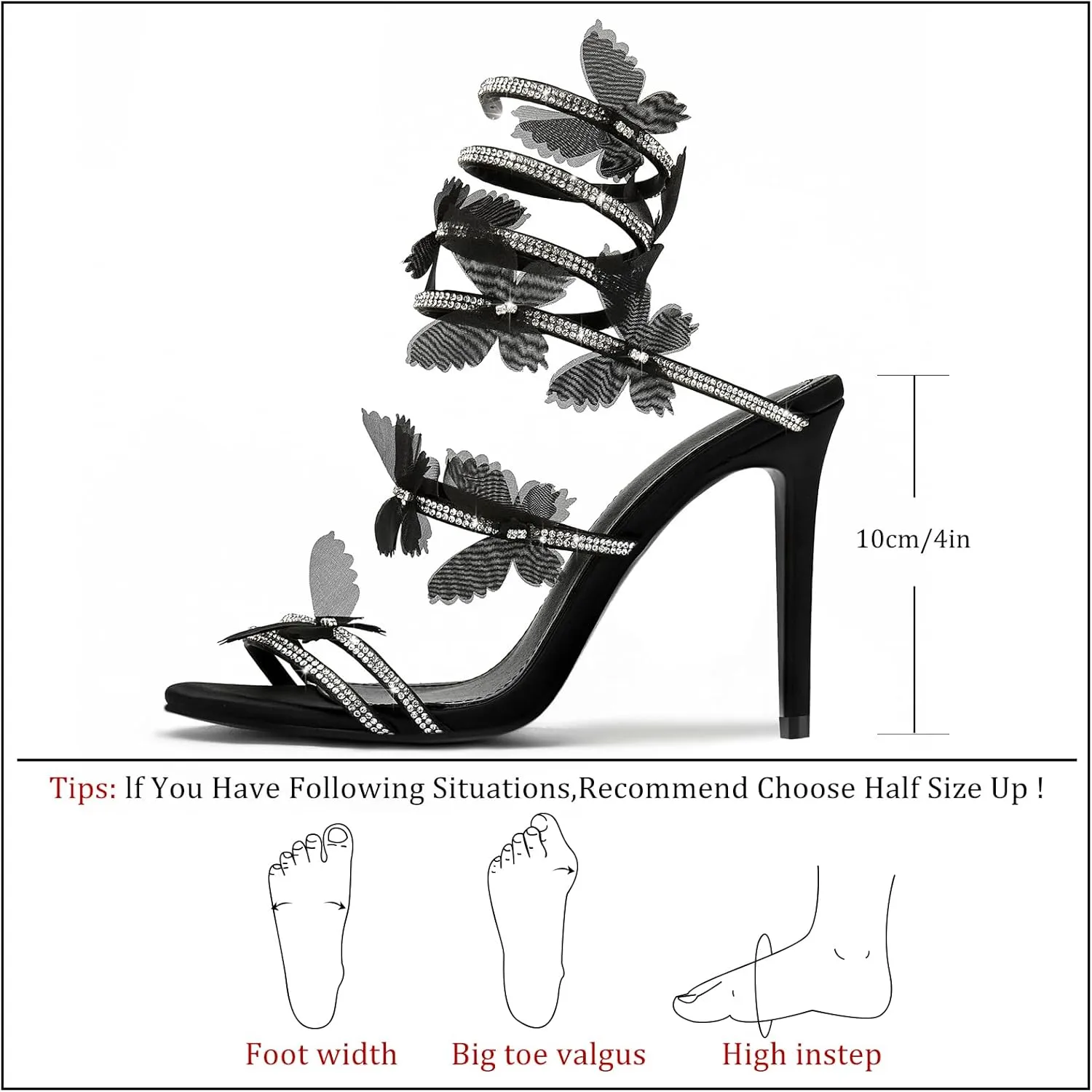 Women's Butterfly Rhinestone High Heels Open Round Toe Spiral Wrap Strappy Dress Stiletto Sandals For Party Evening Wedding