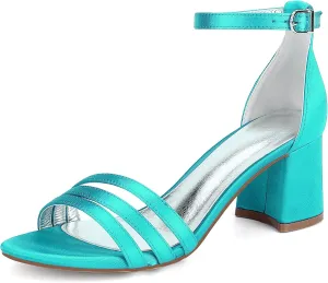 Women's Chunky Block Heel Sandals for Women Open Toe High Heel Satin Ankle Strap Bridal Shoes for Wedding