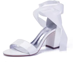 Women's Chunky Block Heel Wedding Sandals Bridal Wedding shoes for Bride Ribbon Tie Wedding Shoes Sandals