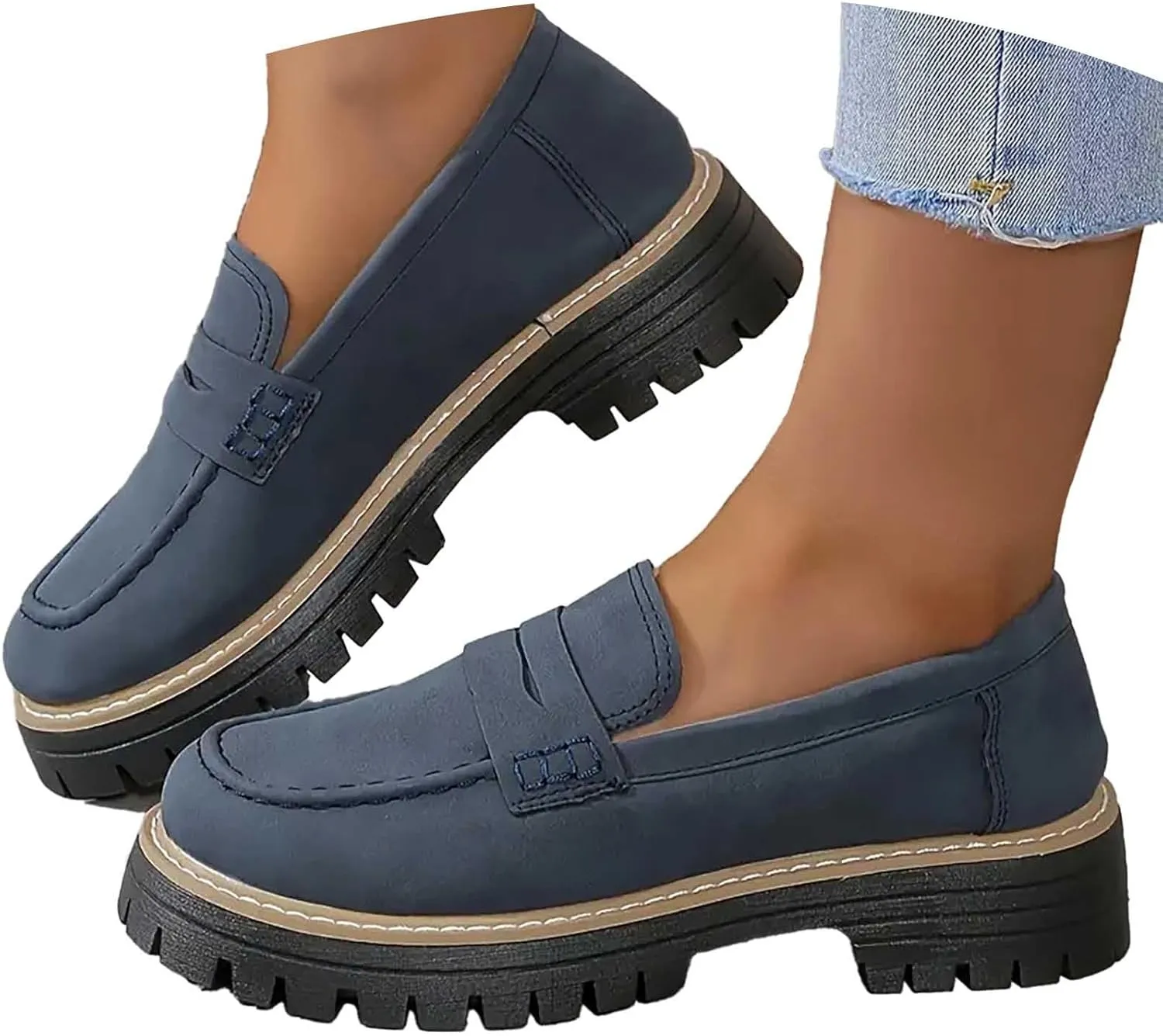Womens Chunky Loafers Platform Work Shoes Dress Penny Loafers Comfortable Office Shoes Casual Leather Shoes