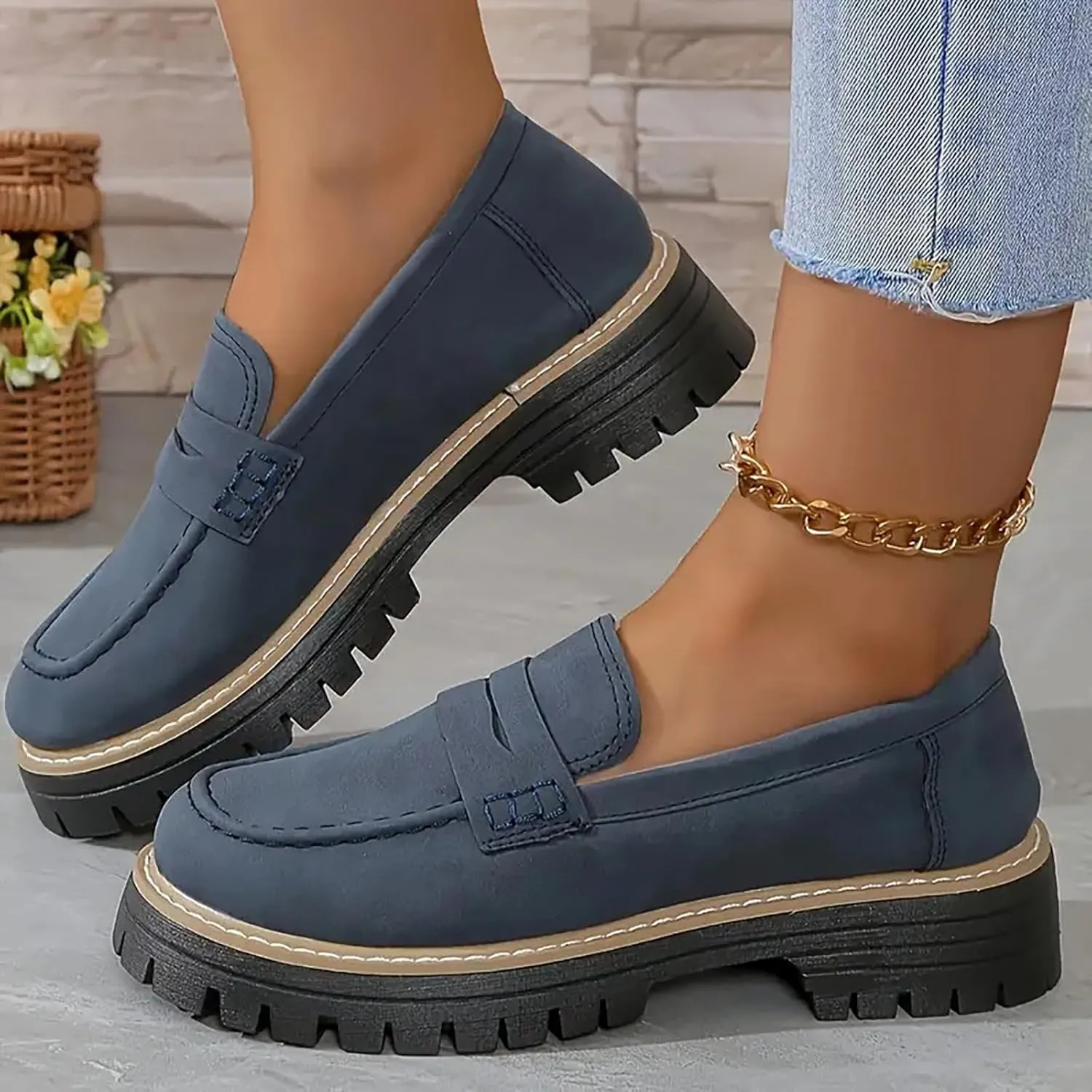 Womens Chunky Loafers Platform Work Shoes Dress Penny Loafers Comfortable Office Shoes Casual Leather Shoes