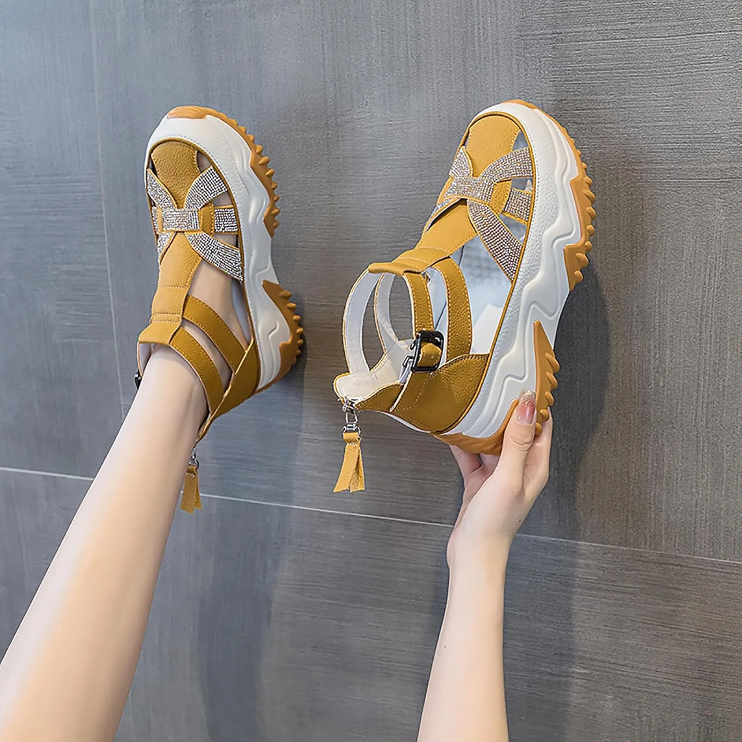 Women's Chunky Platform Sandals,Cutout Leather Wedge Sandals,Fashion Rhinestones y2k Sandals with Back Zipper