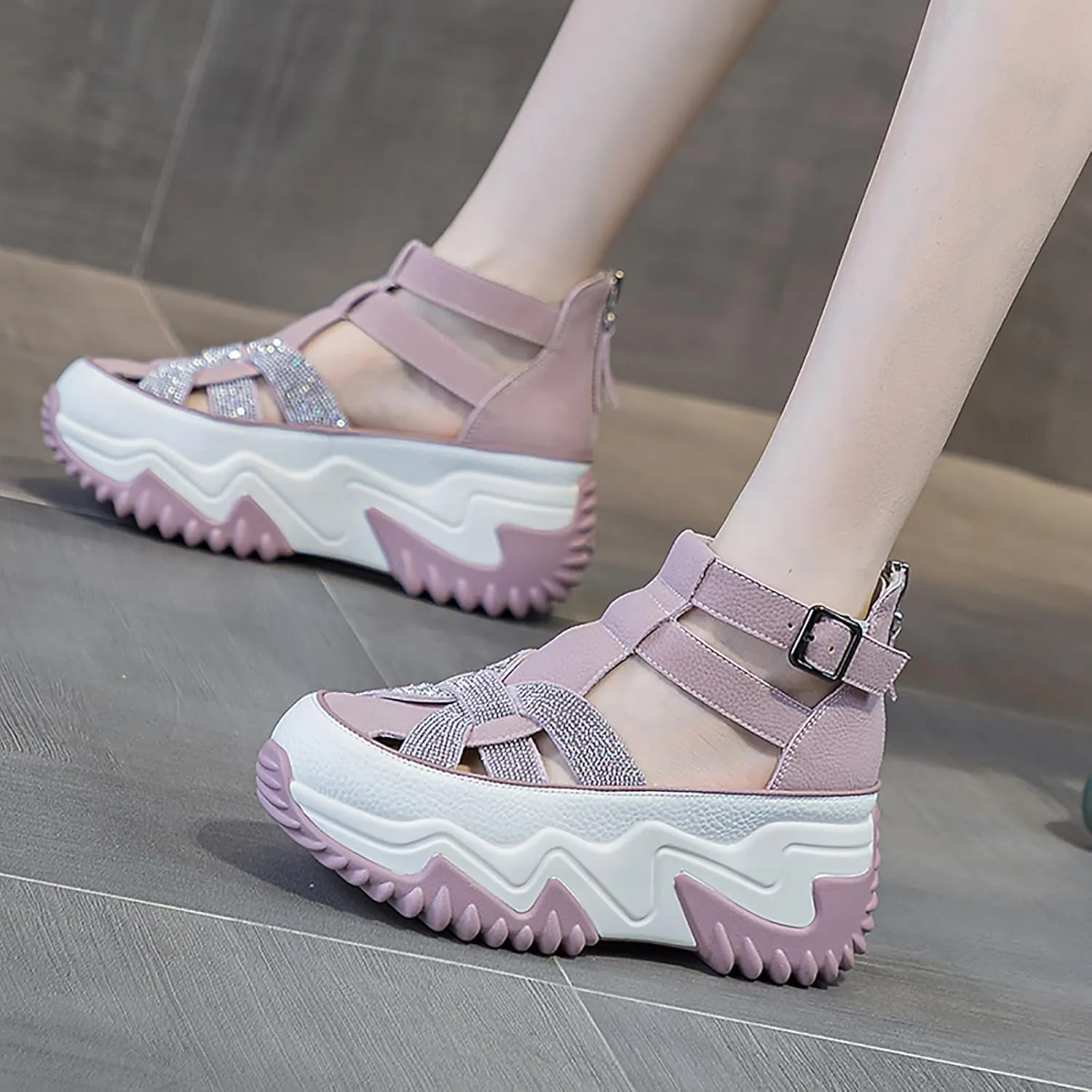 Women's Chunky Platform Sandals,Cutout Leather Wedge Sandals,Fashion Rhinestones y2k Sandals with Back Zipper