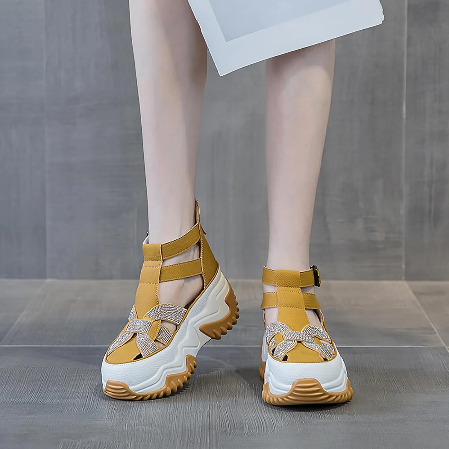 Women's Chunky Platform Sandals,Cutout Leather Wedge Sandals,Fashion Rhinestones y2k Sandals with Back Zipper
