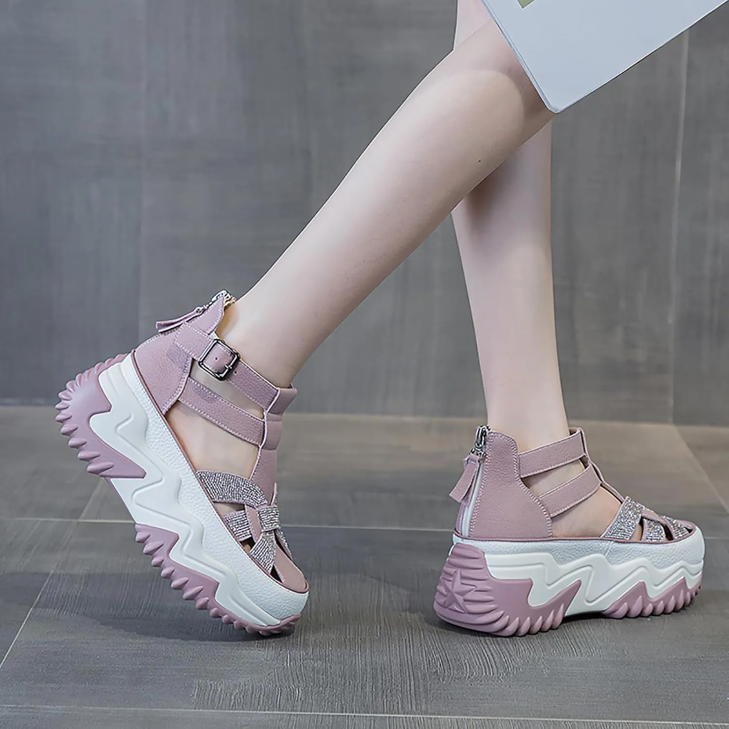 Women's Chunky Platform Sandals,Cutout Leather Wedge Sandals,Fashion Rhinestones y2k Sandals with Back Zipper