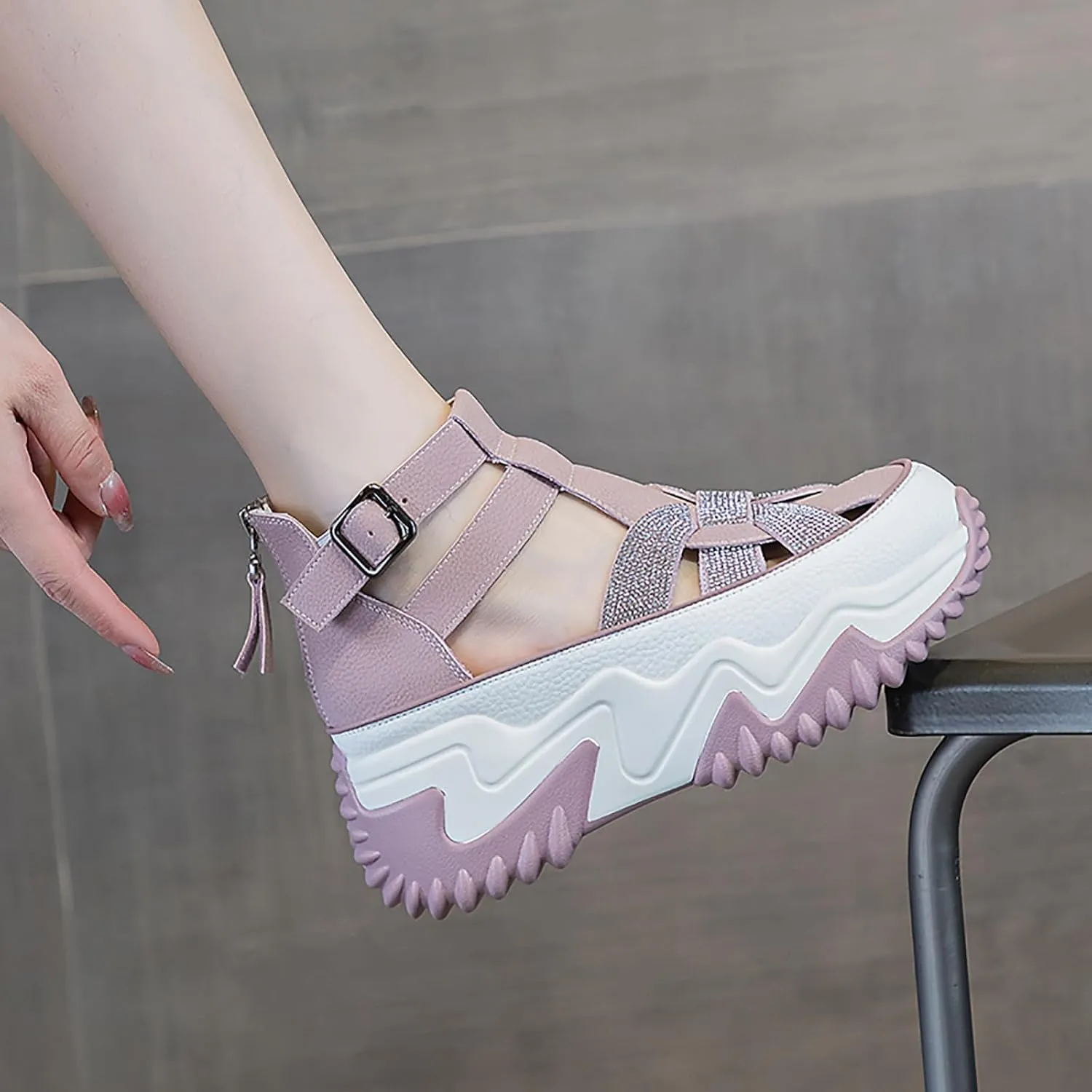 Women's Chunky Platform Sandals,Cutout Leather Wedge Sandals,Fashion Rhinestones y2k Sandals with Back Zipper