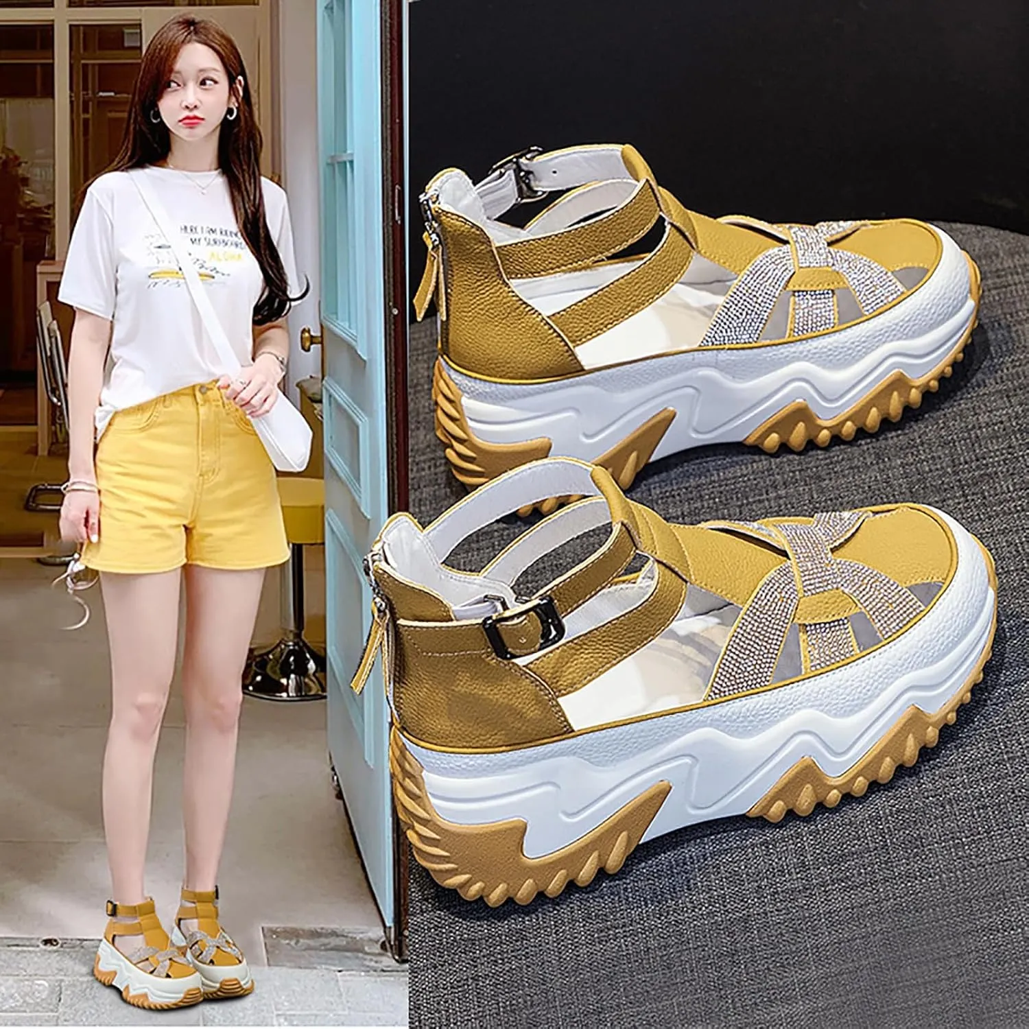 Women's Chunky Platform Sandals,Cutout Leather Wedge Sandals,Fashion Rhinestones y2k Sandals with Back Zipper