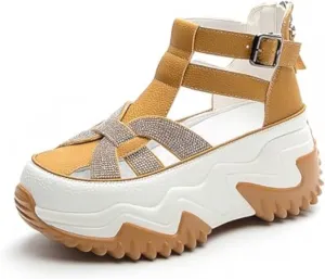 Women's Chunky Platform Sandals,Cutout Leather Wedge Sandals,Fashion Rhinestones y2k Sandals with Back Zipper