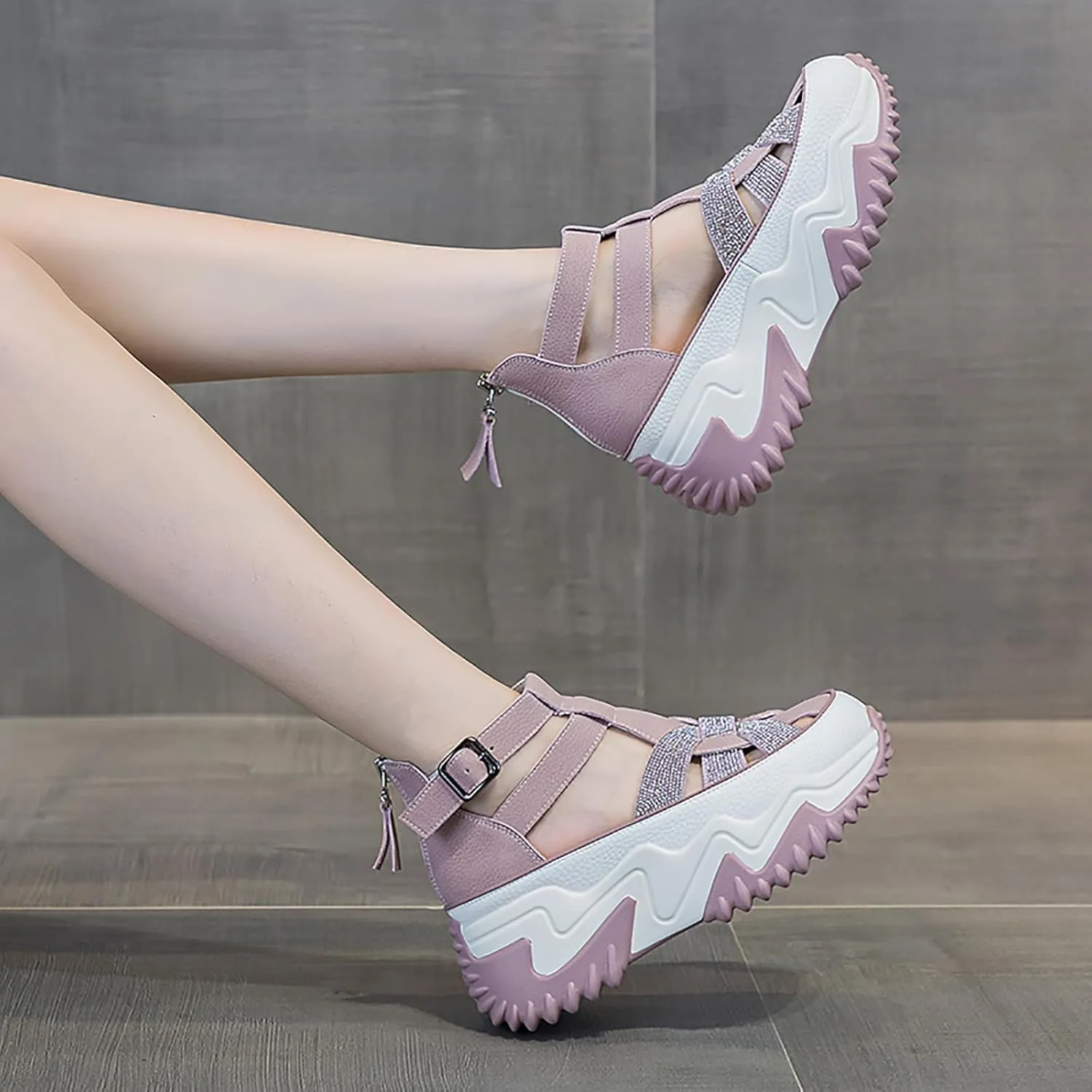 Women's Chunky Platform Sandals,Cutout Leather Wedge Sandals,Fashion Rhinestones y2k Sandals with Back Zipper