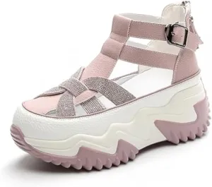 Women's Chunky Platform Sandals,Cutout Leather Wedge Sandals,Fashion Rhinestones y2k Sandals with Back Zipper