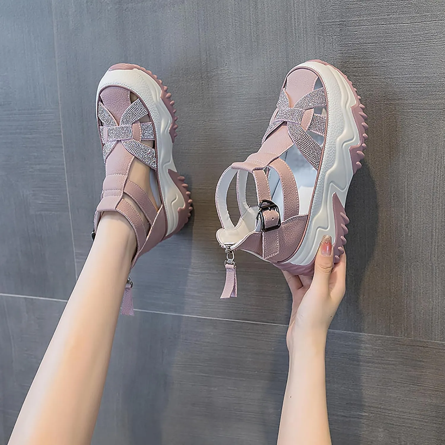 Women's Chunky Platform Sandals,Cutout Leather Wedge Sandals,Fashion Rhinestones y2k Sandals with Back Zipper