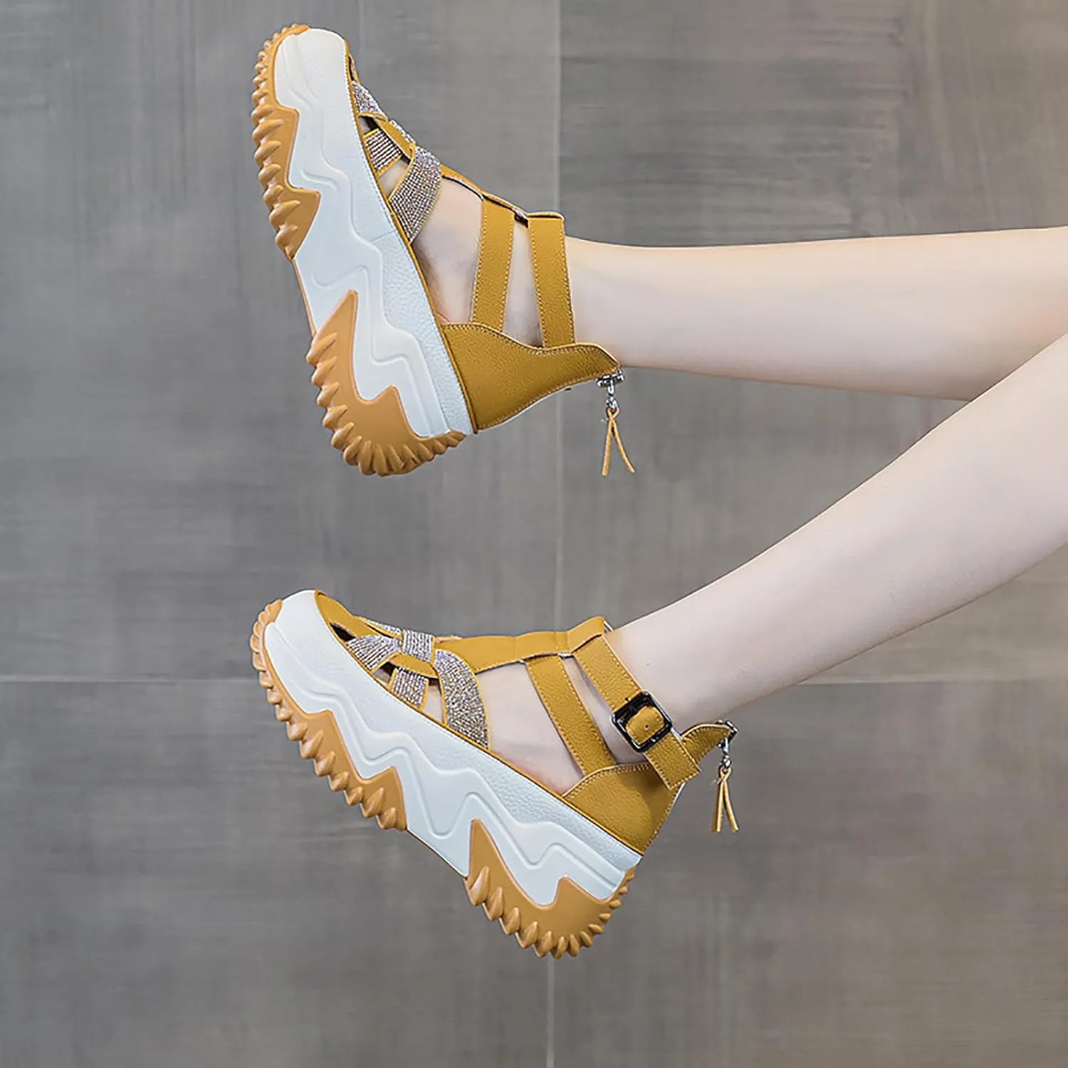 Women's Chunky Platform Sandals,Cutout Leather Wedge Sandals,Fashion Rhinestones y2k Sandals with Back Zipper