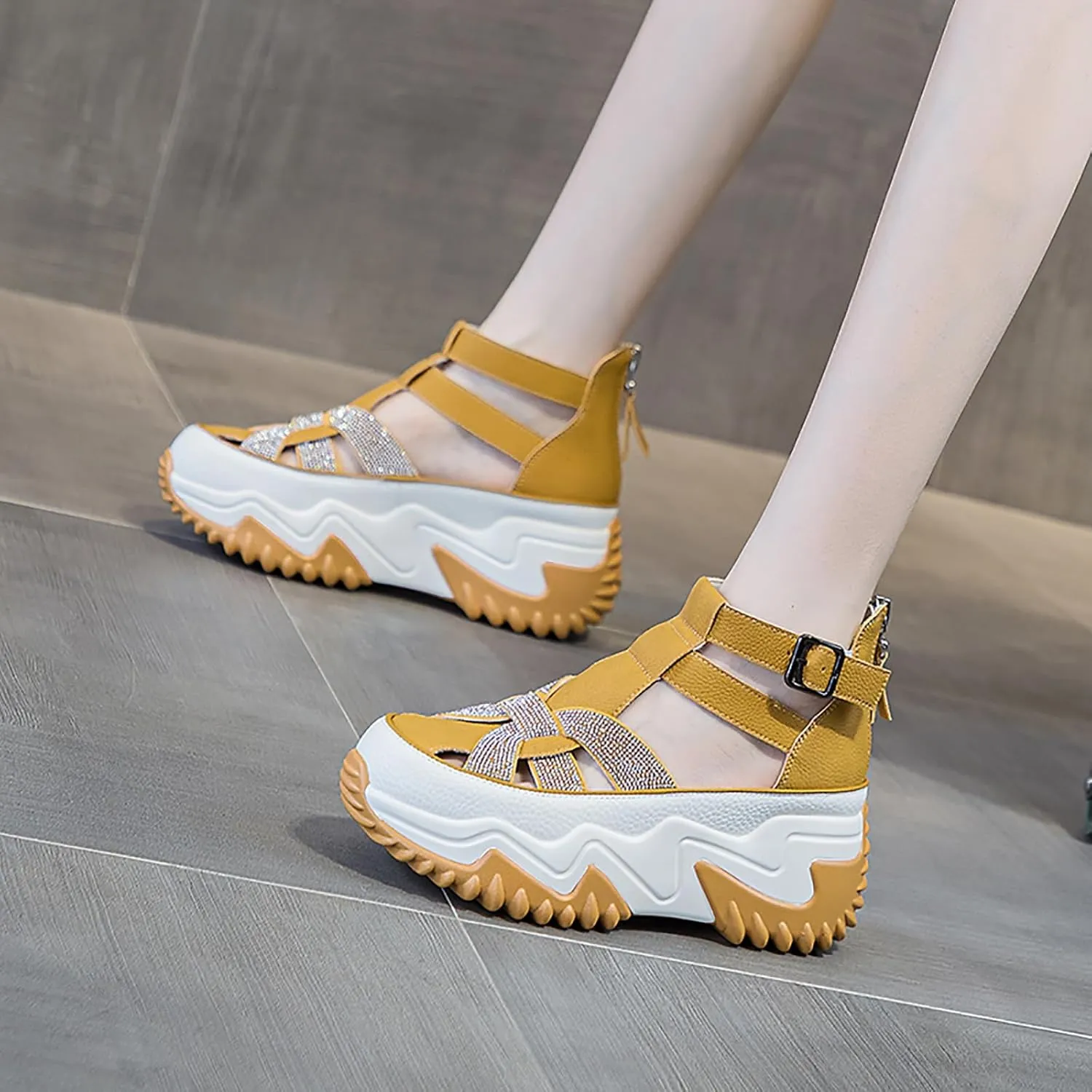Women's Chunky Platform Sandals,Cutout Leather Wedge Sandals,Fashion Rhinestones y2k Sandals with Back Zipper