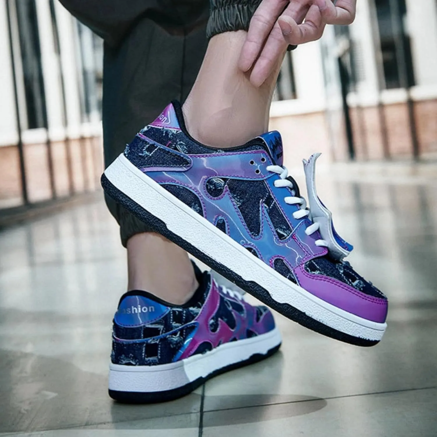 Women’s Chunky Platform Sneakers, Glitter Animal Print, Flame Wings, Bold Y2K Streetwear Shoes, Walk Loud Break Necks