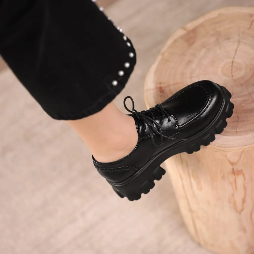 Women's Classic Lace Up Platform Loafers Round Toe Leather Mid Heel Work Office Dress Oxford Shoes