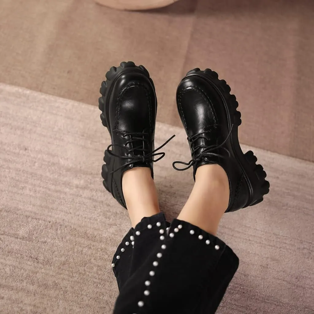 Women's Classic Lace Up Platform Loafers Round Toe Leather Mid Heel Work Office Dress Oxford Shoes