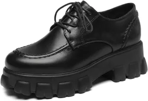 Women's Classic Lace Up Platform Loafers Round Toe Leather Mid Heel Work Office Dress Oxford Shoes
