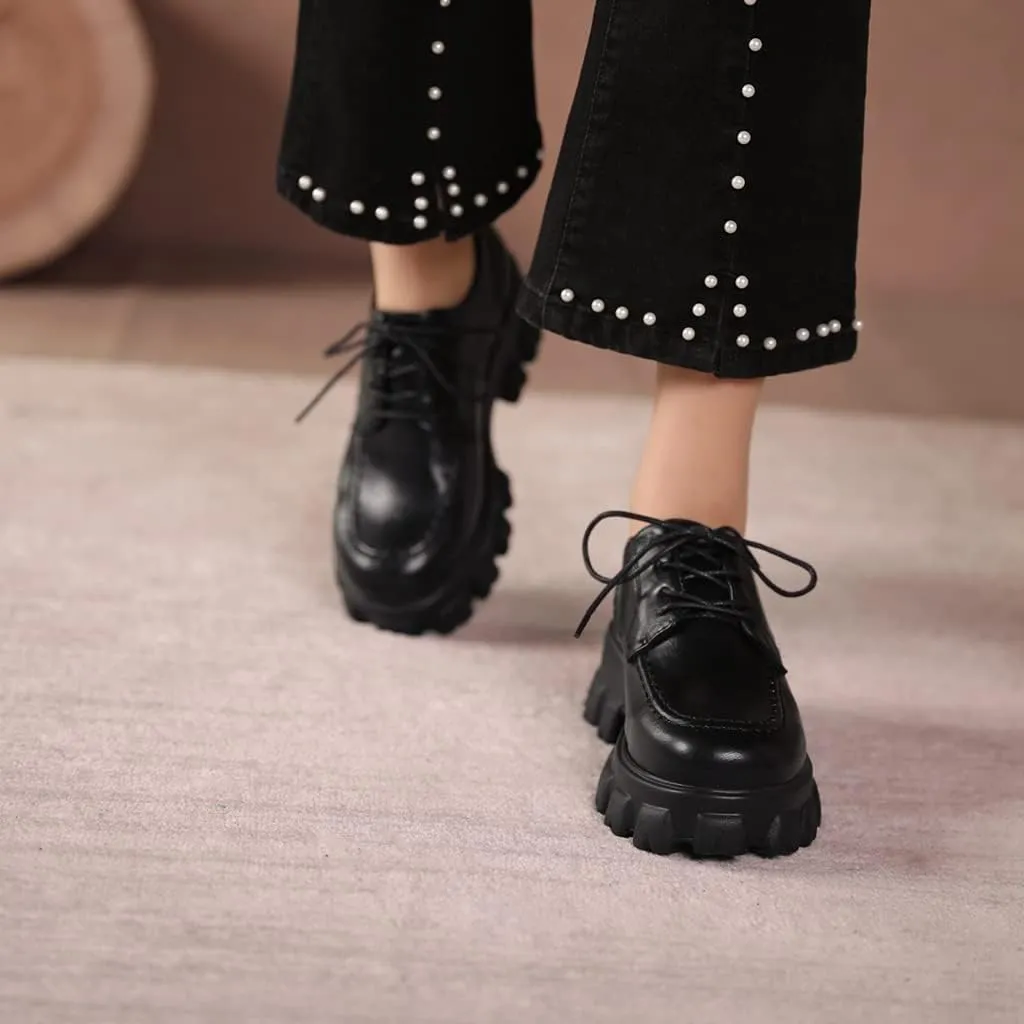 Women's Classic Lace Up Platform Loafers Round Toe Leather Mid Heel Work Office Dress Oxford Shoes