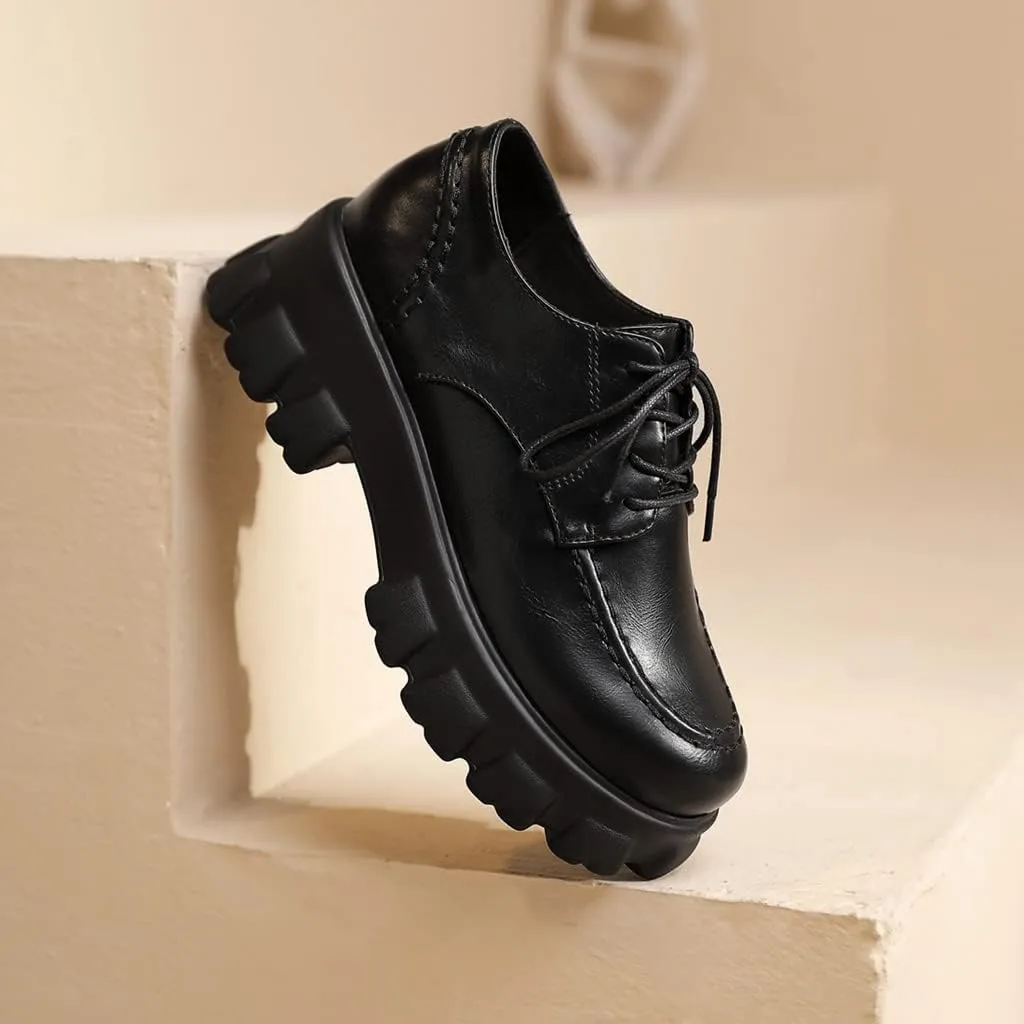 Women's Classic Lace Up Platform Loafers Round Toe Leather Mid Heel Work Office Dress Oxford Shoes