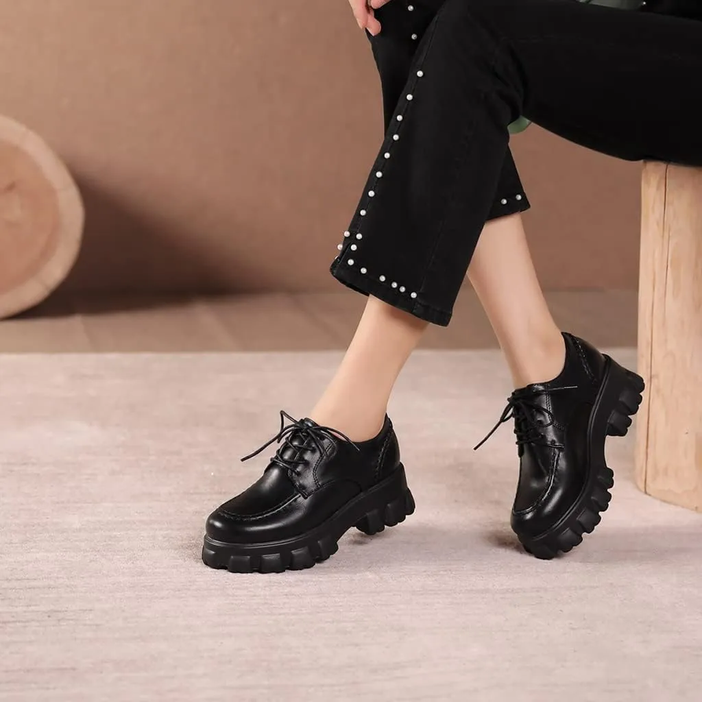Women's Classic Lace Up Platform Loafers Round Toe Leather Mid Heel Work Office Dress Oxford Shoes