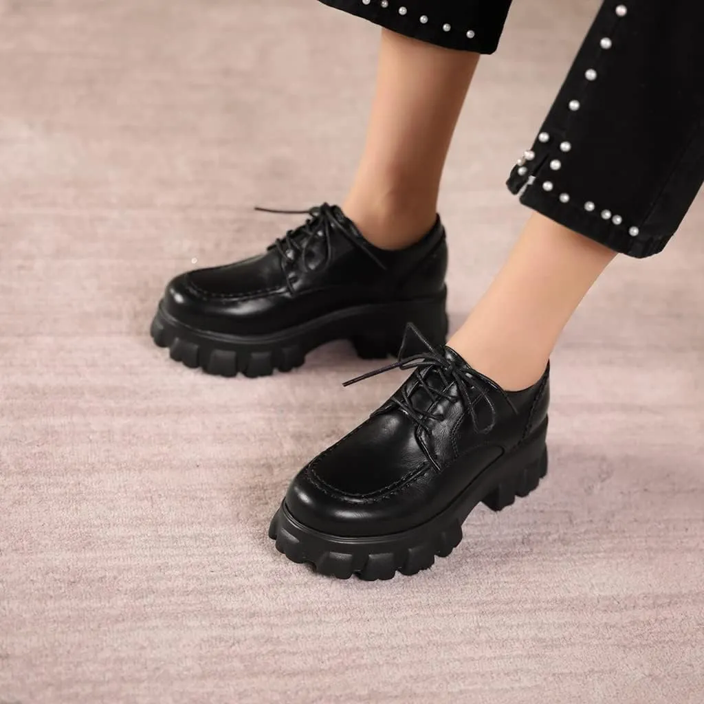 Women's Classic Lace Up Platform Loafers Round Toe Leather Mid Heel Work Office Dress Oxford Shoes